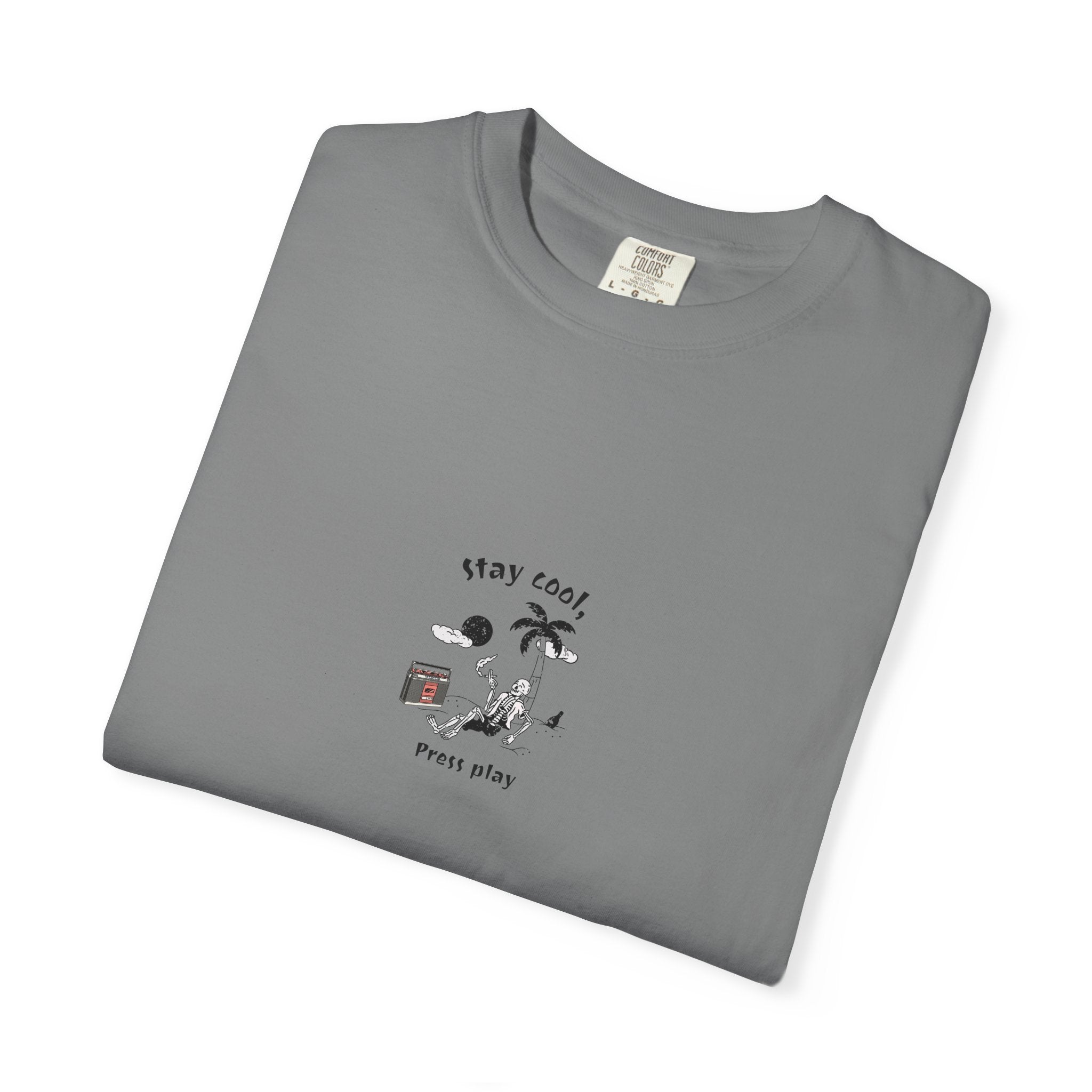 Cool Skeleton Graphic T-Shirt — "Stay Cool, Press Play"