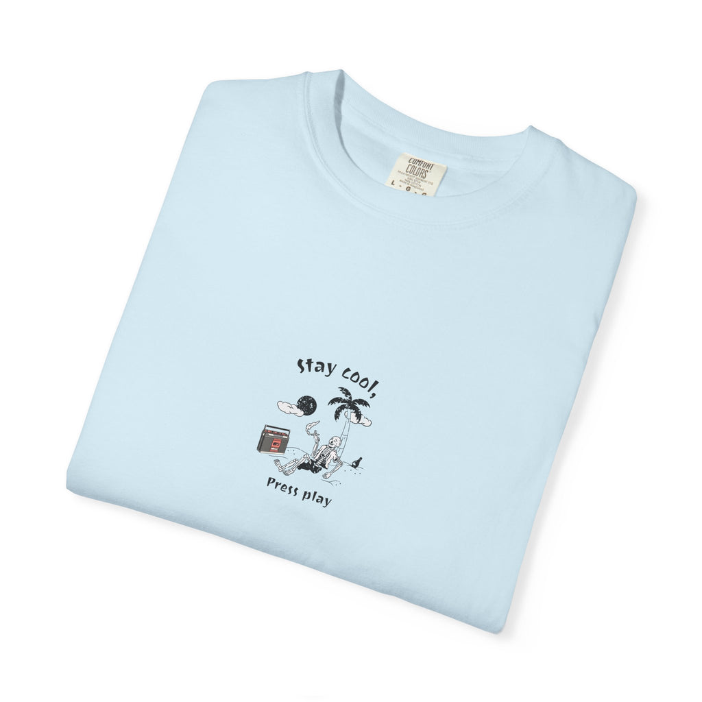 Cool Skeleton Graphic T-Shirt — "Stay Cool, Press Play"