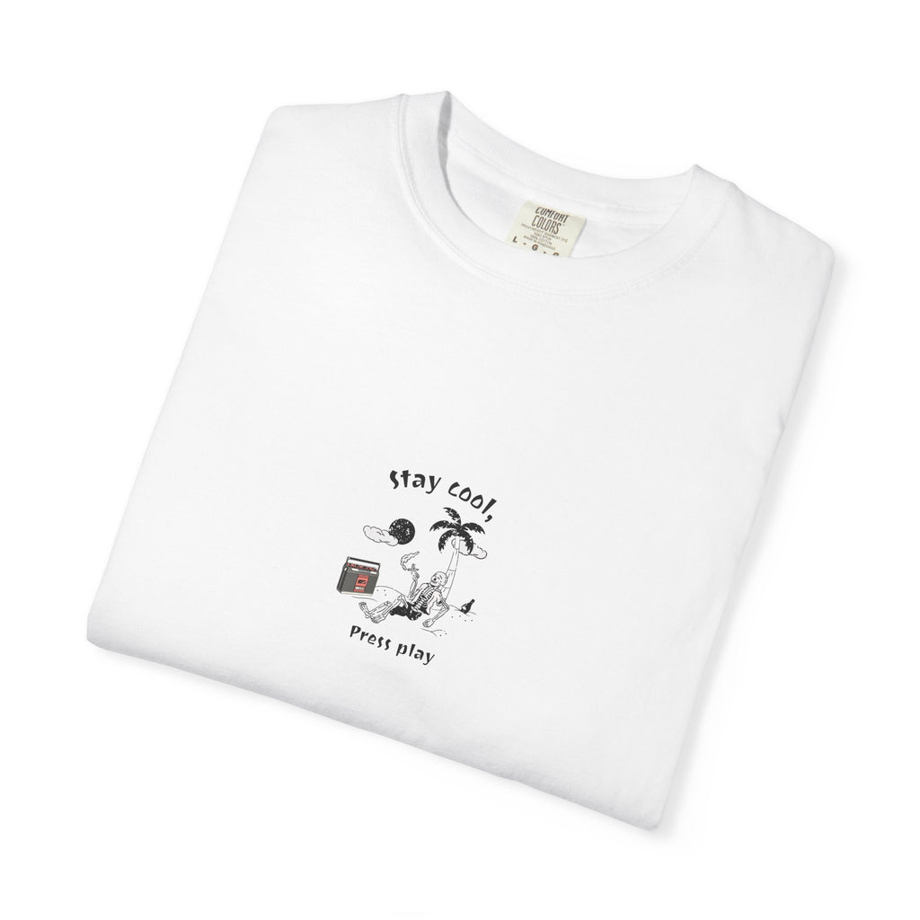 Cool Skeleton Graphic T-Shirt — "Stay Cool, Press Play"